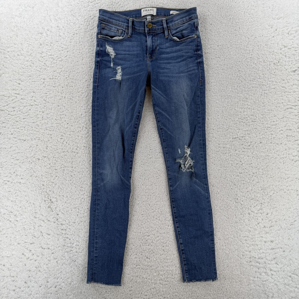 Frame Le Skinny De Jeanne Jeans Womens 26 Blue Medium Wash Mid Rise Distressed